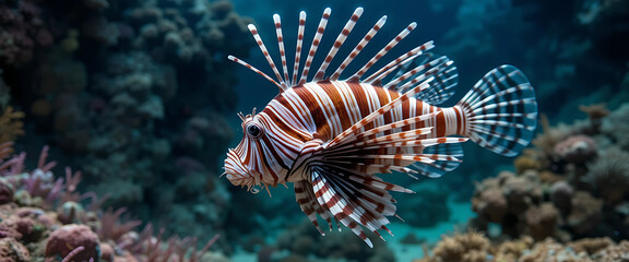 Striped lionfish with long venomous spines hovering in reef waters.