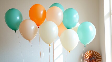 Modern living room turned into a party zone, sunlight flooding the space, subtle pastel balloon cluster, clean walls, paper fans in corner, no clutter, festive yet minimal