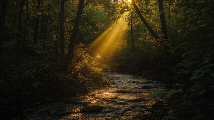 Fototapeta premium Golden sunlight streams through a tranquil woodland path.