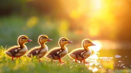 Four ducklings in a row, bathed in golden sunlight, near a body of water