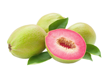 Vivid image of a pink and green fruit, showing a whole and sliced segment.  The fruit is arranged against a plain background.