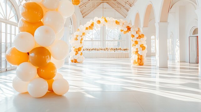 White-themed event with double balloon arch, ivory and champagne balloon tones, bright daylight streaming across smooth reflective surfaces, clean venue design, subtle shadows