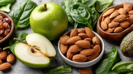 Whole food Fresh green apple, almonds, and spinach arranged on a textured surface.