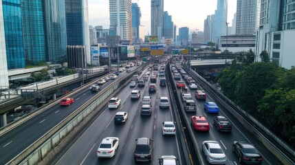 Fototapeta premium Cars on a busy highway with city buildings in the background.