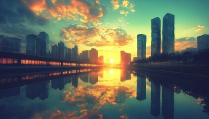 Vibrant sunset over city skyline reflected in calm water