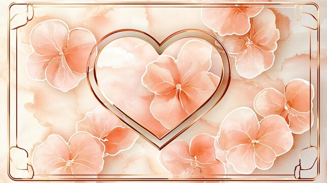 Feminine birthday card with rose gold border, blush pink heart design, soft watercolor background, elegant layout with warm light, no text or people shown