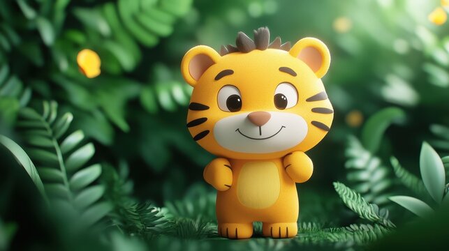 Playful tiger cub figurine amidst lush foliage cartoonish rendering for kid friendly animal themed content and festive chinese new year imagery