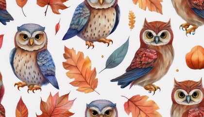 Fototapeta premium Hand-painted owls, fall leaves seamless pattern, watercolor forest creatures. Autumn nature