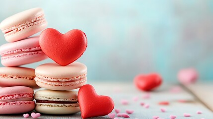 Obraz premium Delicious macarons in pastel colors with heart-shaped decorations, perfect for celebrations and sweet occasions.