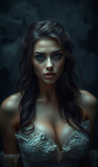 Fototapeta premium Mysterious Woman Portrait Dark Moody Beauty Elegant Lace Lingerie