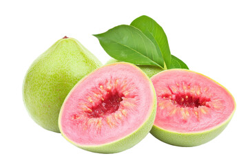 Vibrant display of pink and green guava halves and a whole guava fruit.  The fruit appears fresh and ripe, with juicy interiors.