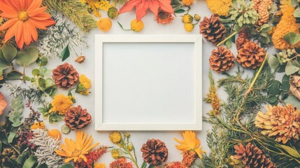 White square frame surrounded by autumnal flowers, pine cones, and greenery on a light gray background. Flat lay, top view. Perfect for seasonal designs or announcements.
