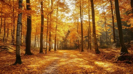 Fototapeta premium Serene golden pathway through autumn forest landscape with radiant sunlight