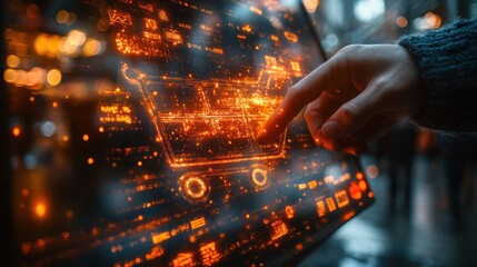 A hand interacts with an orange futuristic holographic display showing digital information.