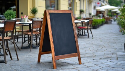 Empty A-frame chalkboard sidewalk sign outside a cafe