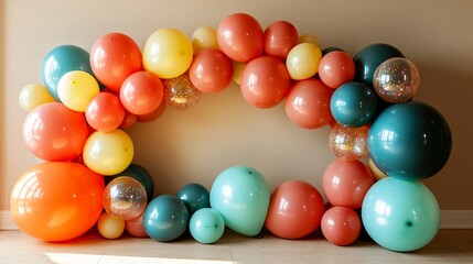 Obraz premium Event setup featuring a bright pastel balloon arch with subtle shimmer effects, placed in front of a light beige wall, overhead sunlight, clean shadows, minimal backdrop decor, festive and polished