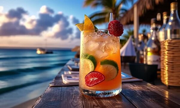Exotischer tropischer Cocktail mit frischen Fr&uuml;chten in einer Strandbar mit Blick auf das kristallklare t&uuml;rkisfarbene Meer