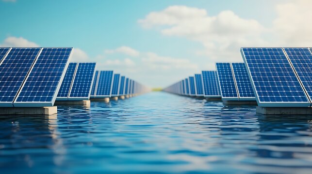 Rows of floating solar panels on water under a bright sky, showcasing renewable energy and sustainable technology.