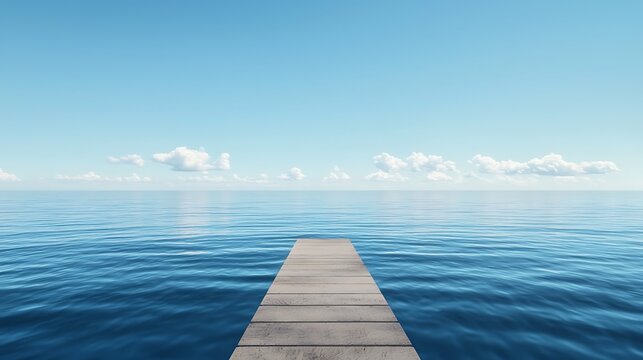 A wooden pier stretches into a calm blue sea under a clear sky with scattered clouds.