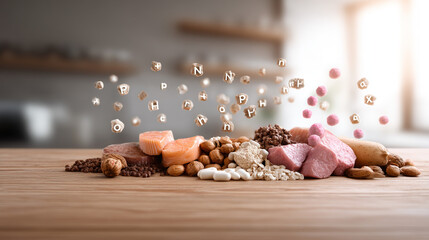 Colorful protein-rich foods with nutrient symbols, showcasing a balanced diet concept