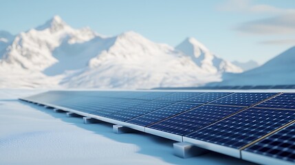 Solar panels generating renewable energy in a snowy mountain landscape under a clear blue sky.