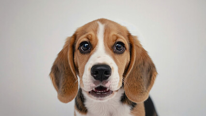 Beagle's Tender Gaze: A charming Beagle puppy captivates with a close-up shot, its innocent expression and soulful eyes reflecting a sense of curiosity and charm.