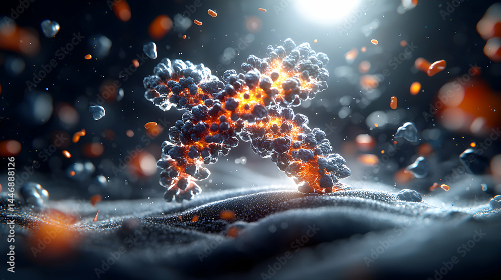 Poster an abstract artwork showing a cross-like structure with fiery core amid floating particles. suggests