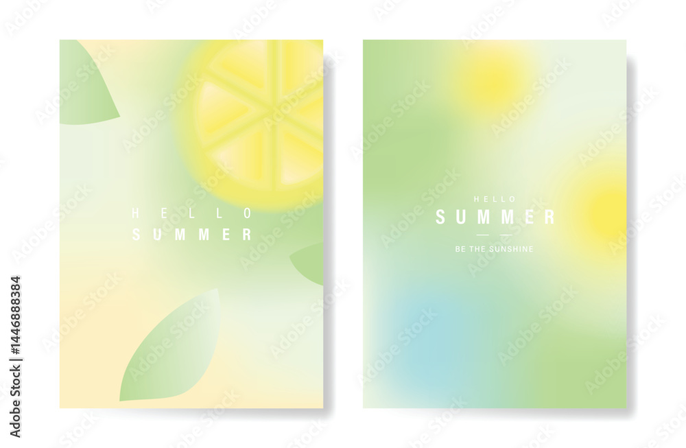 Poster abstract colorful gradient fruit card background set. minimalist poster with lemon. modern summer an
