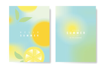 Abstract colorful gradient fruit card background set. Minimalist poster with lemon. Modern summer and spring wallpaper design for drink menu, promotion, beverages, ads.