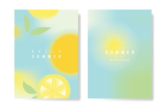 Abstract colorful gradient fruit card background set. Minimalist poster with lemon. Modern summer and spring wallpaper design for drink menu, promotion, beverages, ads.