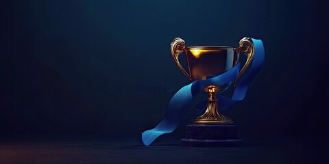 Gold trophy with blue ribbon on dark background (5)