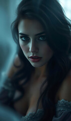Fototapeta premium Mysterious Woman Portrait Dark Hair Red Lips Elegant Fashion Photography