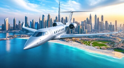 Private jet flying over coastal city skyline