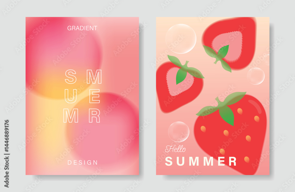 Poster abstract colorful gradient fruit card background set. minimalist poster with strawberry. modern summ