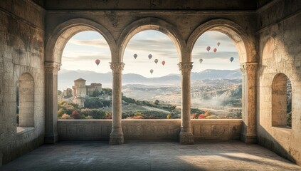 Serene sunrise view through ancient arches, showcasing hot air balloons and a picturesque valley landscape