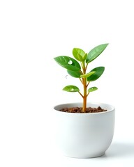 Small morning plant in a white ceramic pot with dew drops, isolated on transparent background, bright lighting, realistic detail”