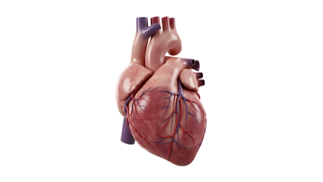 Realistic human heart model displaying detailed anatomy and vascular structure in a studio environment for educational purposes