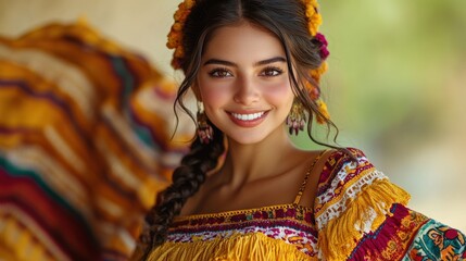 Fototapeta premium Smiling woman in traditional dress with flowers in her hair outdoors.