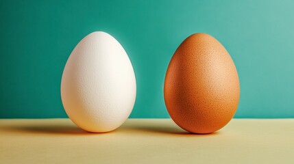 Two eggs, one white and one speckled brown, stand side by side on a pale yellow surface against a teal background. The lighting is soft and even, highlighting the texture of each eggshell.