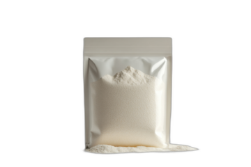 White powder in a bag with a secure seal, ready for use. Isolated on transparent background.