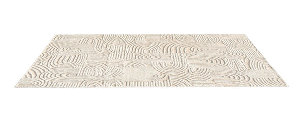 This 3D-rendered modern rug showcases a unique abstract pattern with raised textured detailing, creating visual depth and a tactile experience. The soft beige tones and geometric flow make it an ideal