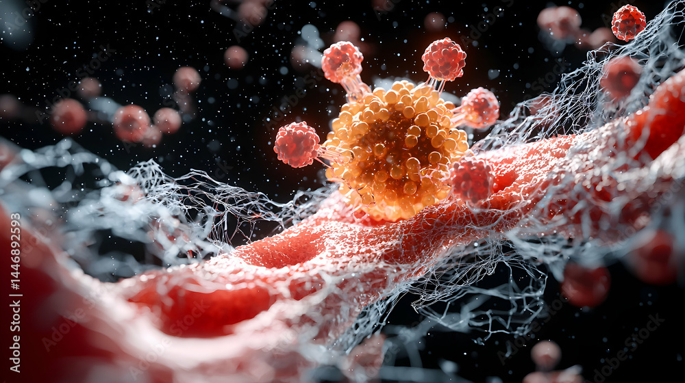 Poster an image showcasing biological structures like cells and particles. could be utilized for educationa