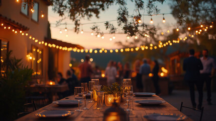 Outdoor party at golden hour, with string lights and guests gathered around a table