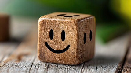 Close up of a light brown wooden cube with a carved smiley face on a weathered wood surface, blurred green background