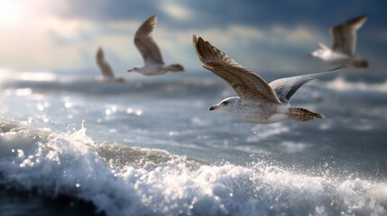 A flock of seagulls flying over the ocean