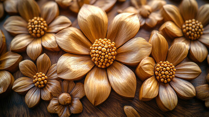 Fototapeta premium Intricate wooden carving of numerous golden flowers. Rich detail and texture in the wood