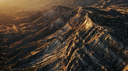 Aerial View of Rugged Mountain Range at Sunset