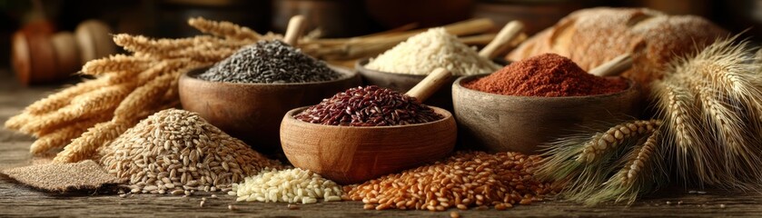 Fototapeta premium Whole food Various spices and grains in bowls on a wooden surface, highlighting natural ingredients.