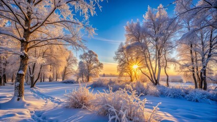 Naklejka premium Winter Landscape with Frosty Trees and Sunlight