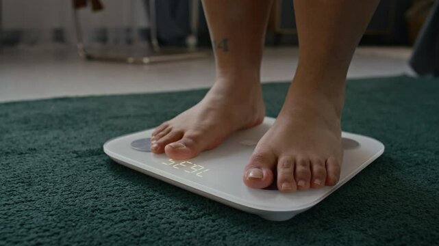 Close up of unrecognizable woman steeping on digital scale to check weight